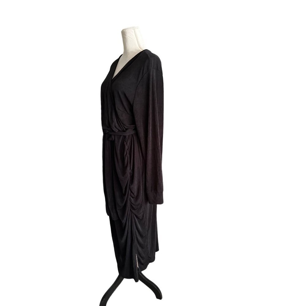 Ashley Sport Black Stretchy Belted Waist Long Sleeve Evening Dress V Neck Ruched - Picture 4 of 12